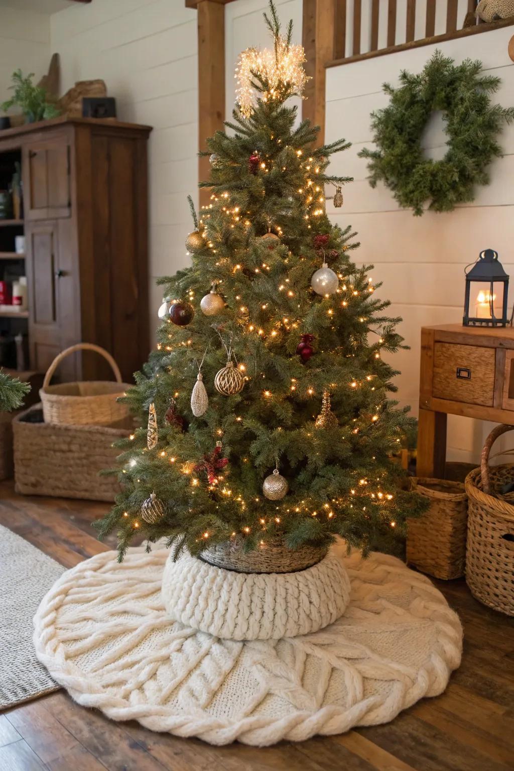 A welcoming tree skirt introduces texture and warmth to this farmhouse Christmas tree.