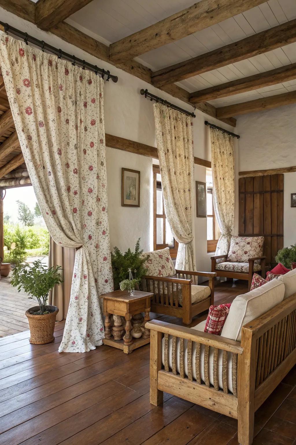 Coordinated farmhouse window coverings and furniture creating harmony in a country lounge.