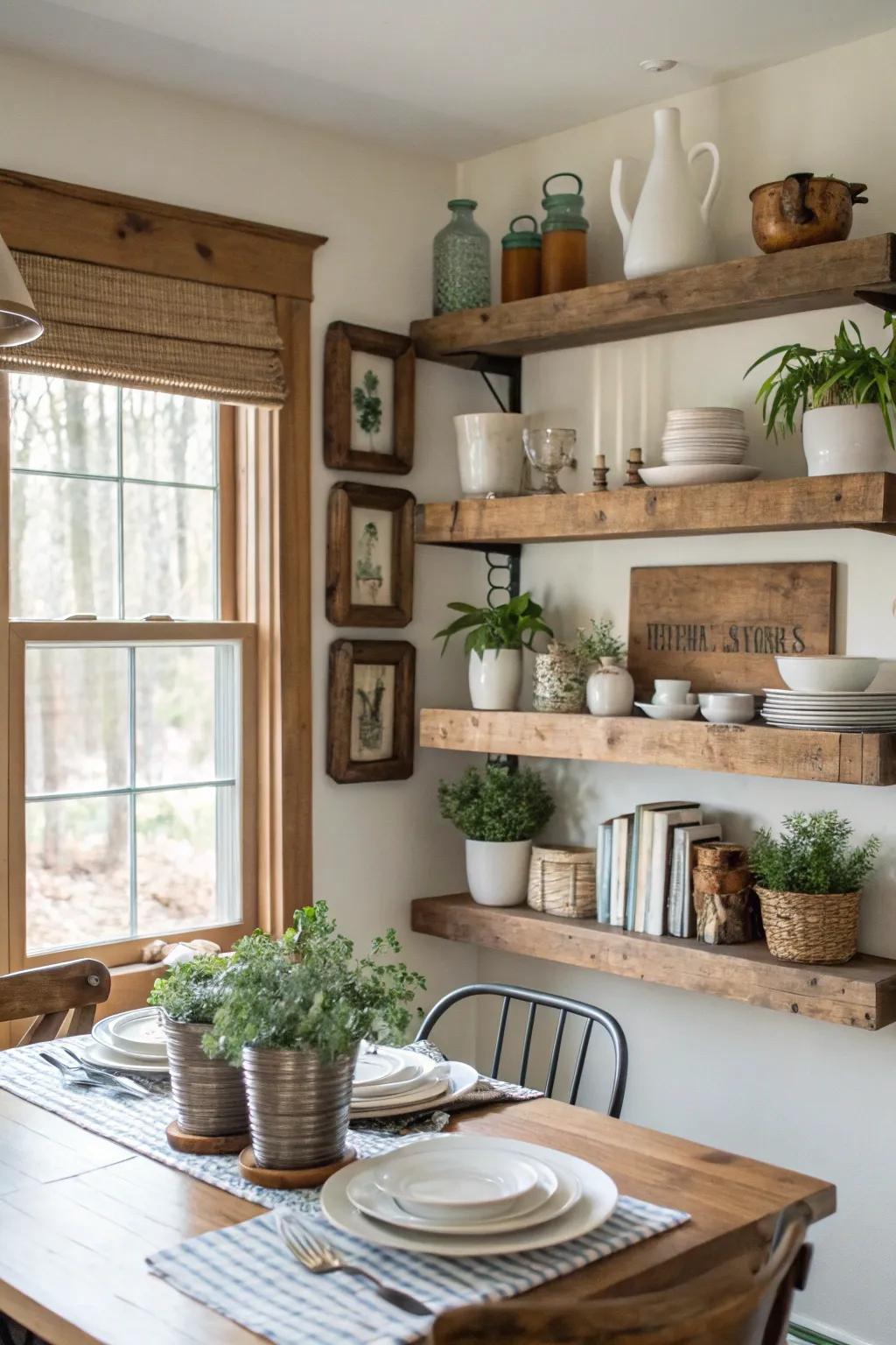 Wall shelves offer storage and style in this farmhouse dining room.
