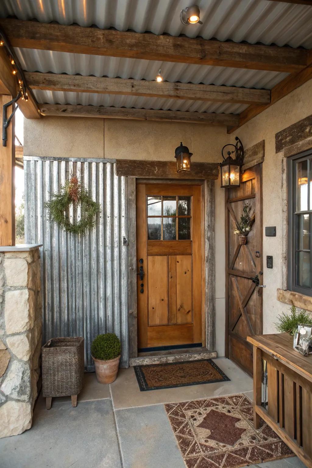 An entryway with industrial flair utilizing galvanized metal accents.
