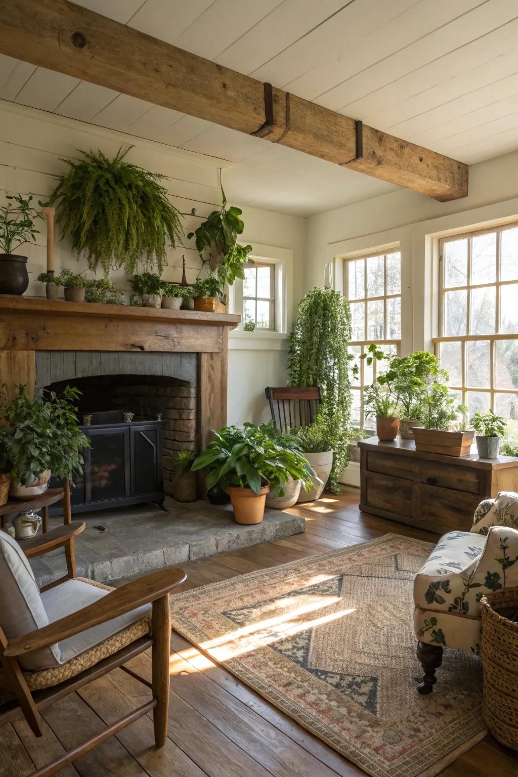 Foliage infusing innate splendor into a farmhouse fireplace.