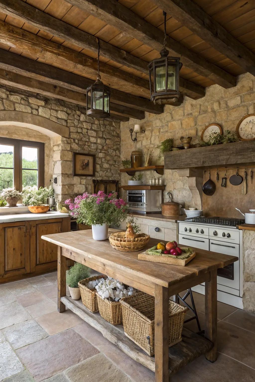 Natural stone accents adding earthy beauty to a farmhouse cooking area.
