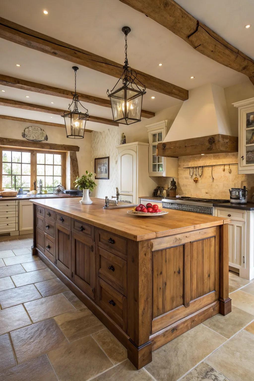 A farmhouse kitchen featuring a large wood kitchen island.