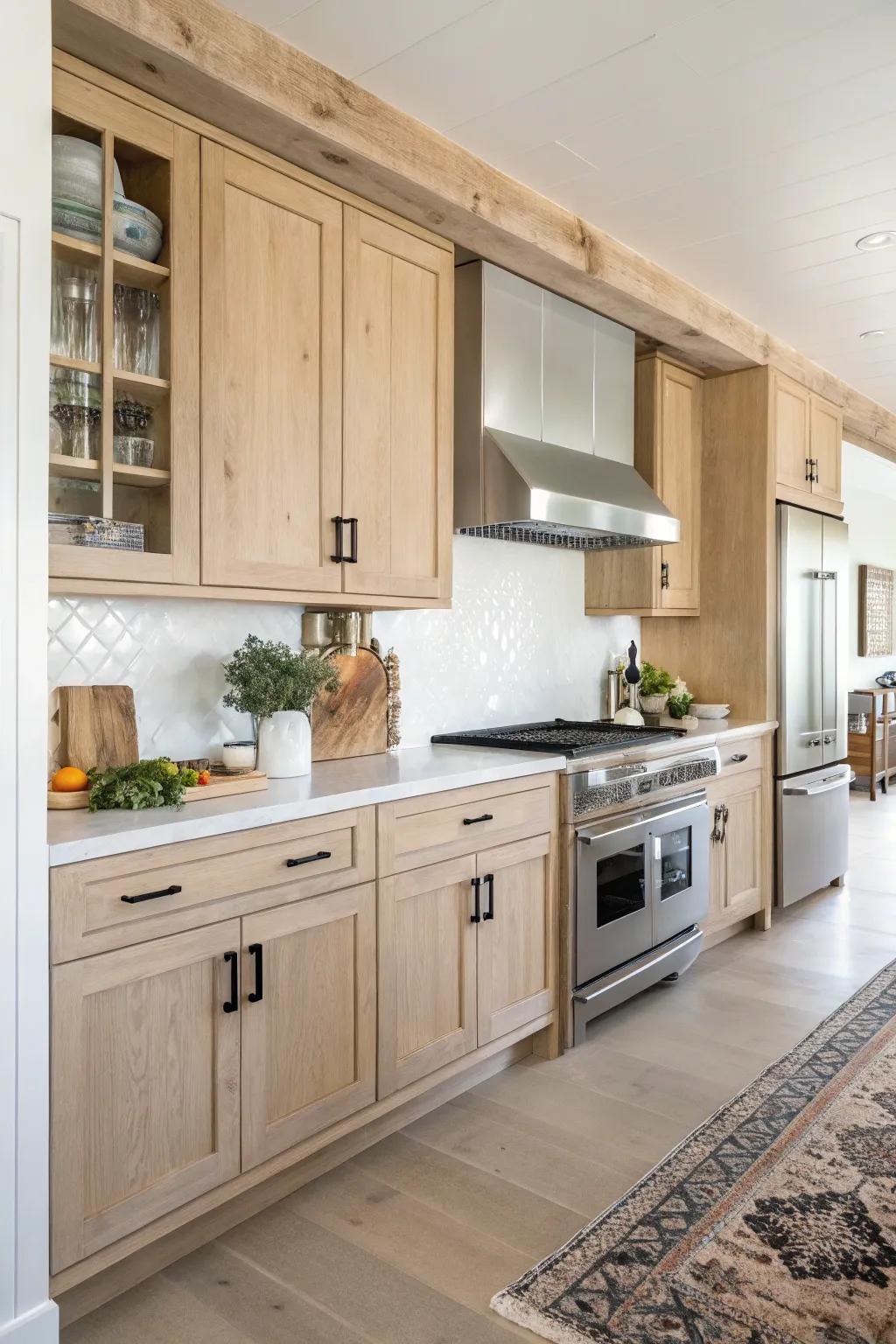 Modern equipment provides a sleek contrast to pale timber cabinetry in a country-style cooking space.
