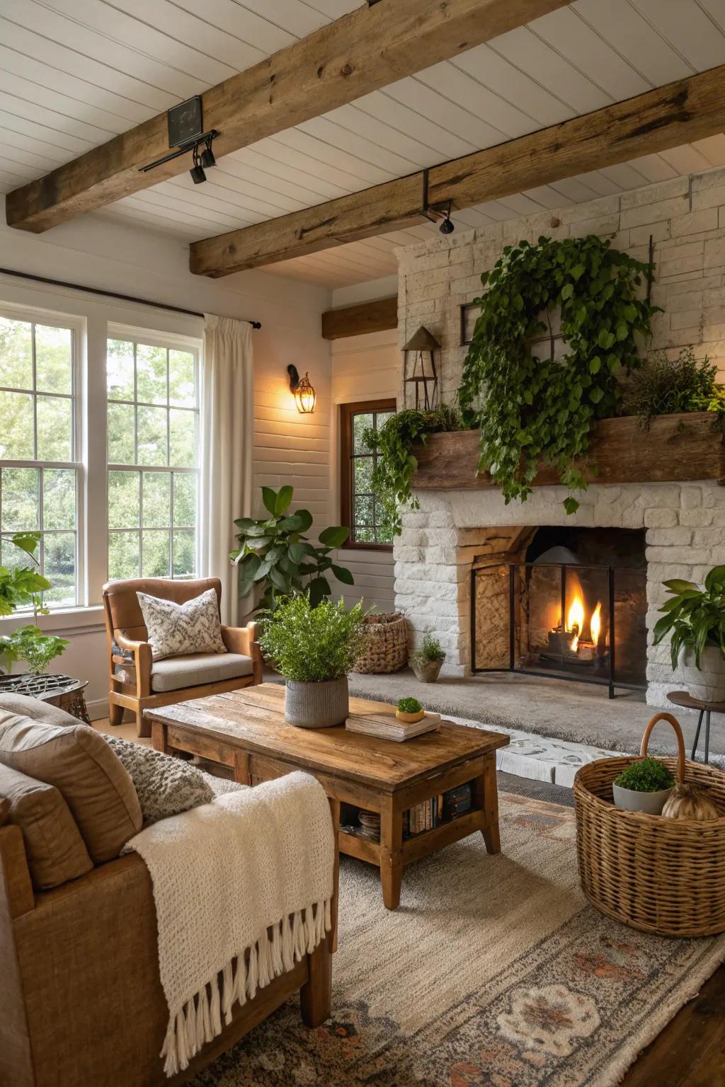 Natural greenery brings vibrancy and life to this farmhouse living space.