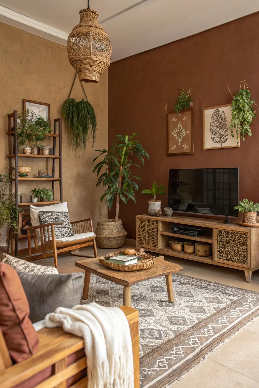 Natural brown walls offer a warm, welcoming foundation.