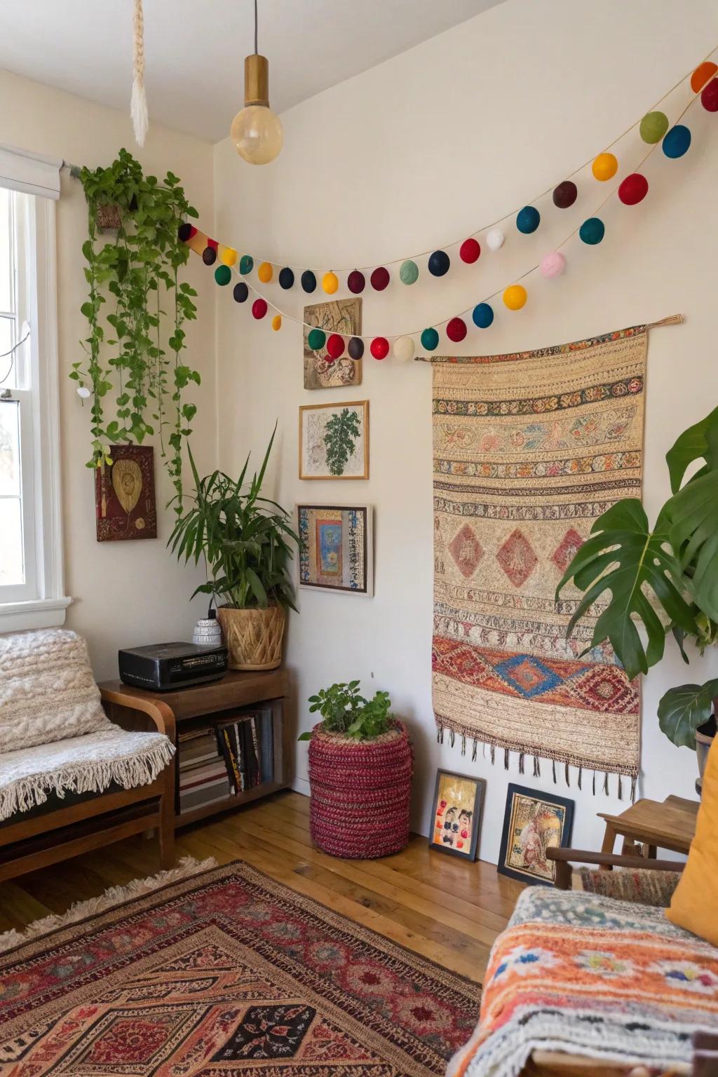 Plain walls are transformed into bohemian works of art by felt garlands.