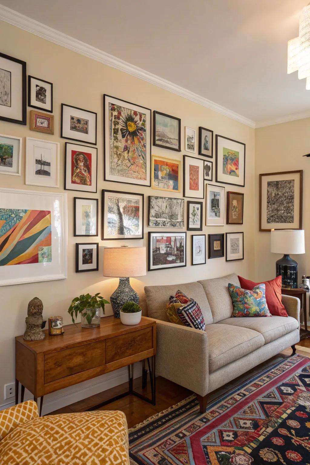 A living room featuring a diverse and personalized art display.