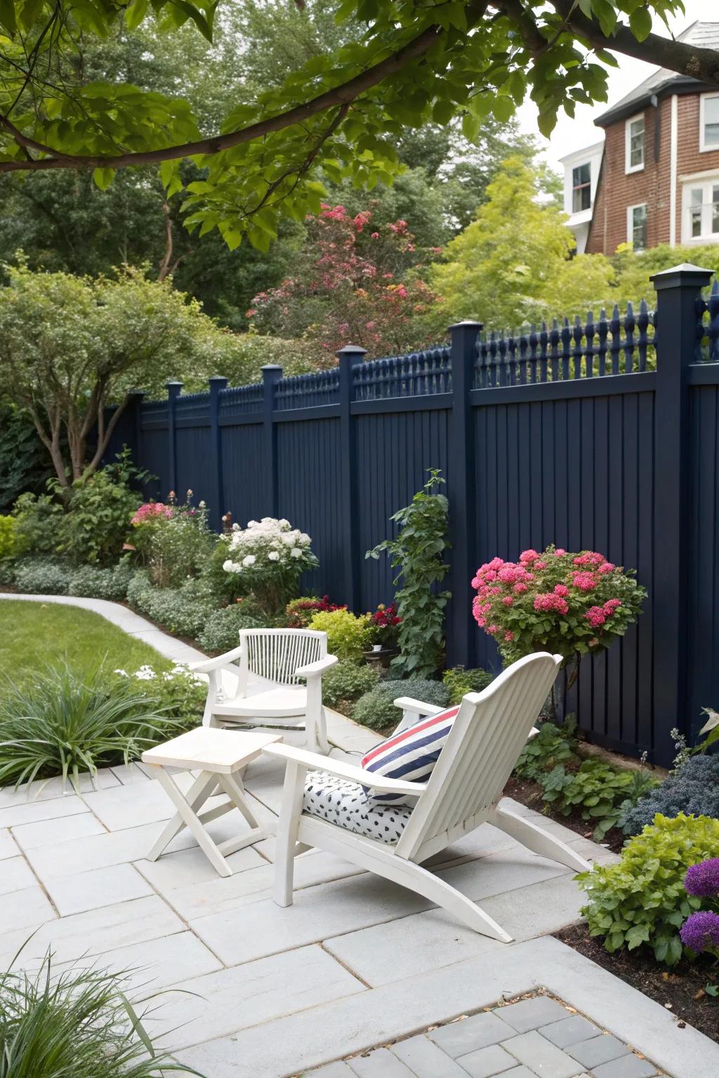 Navy boundaries add dimension and sophistication to garden spaces.
