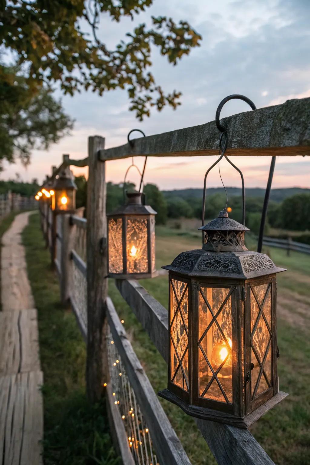 Country-style lanterns contribute an antique charm to your outdoor space.