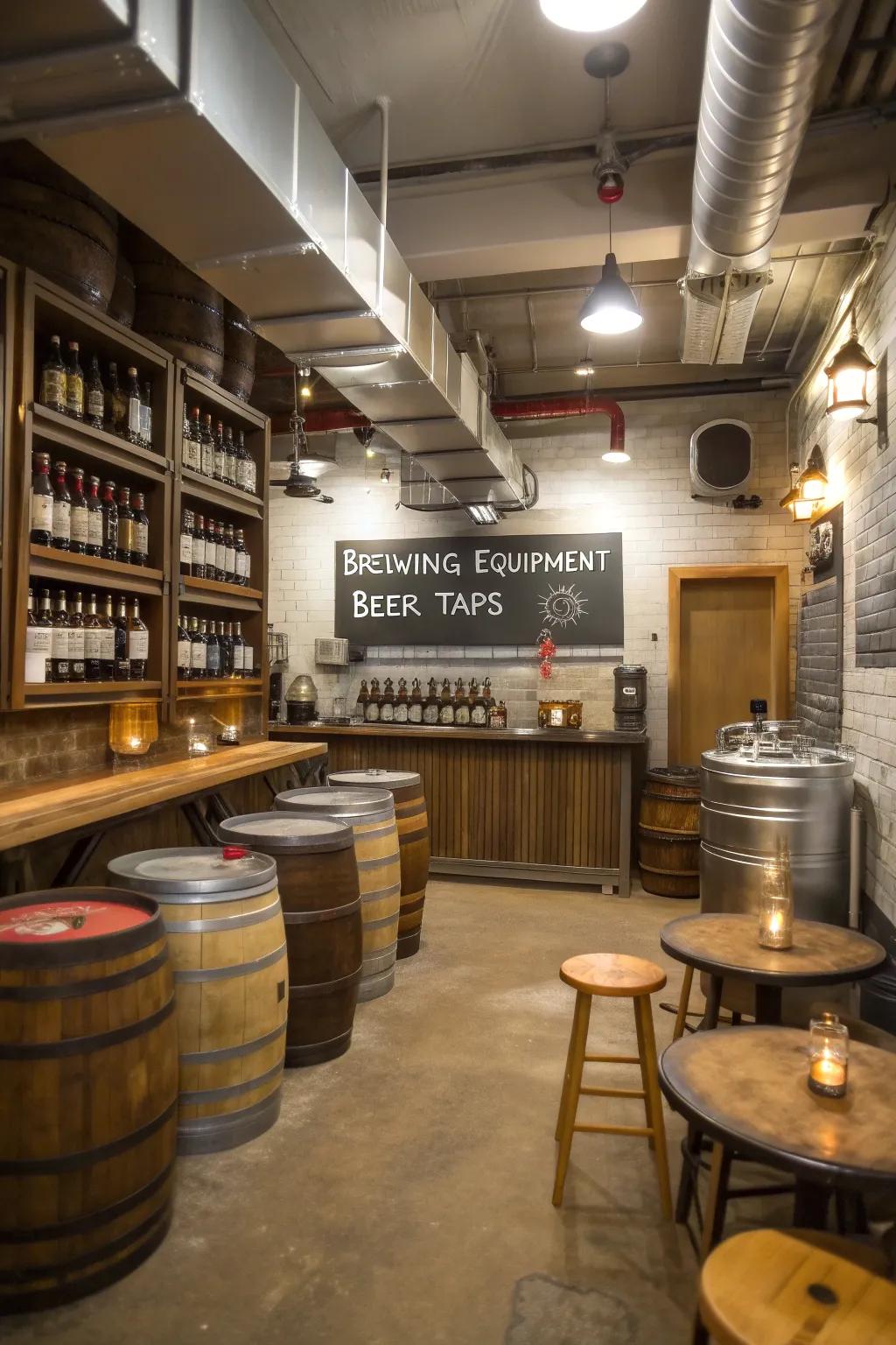 Create your own brews in a home brewery bar located in your basement.
