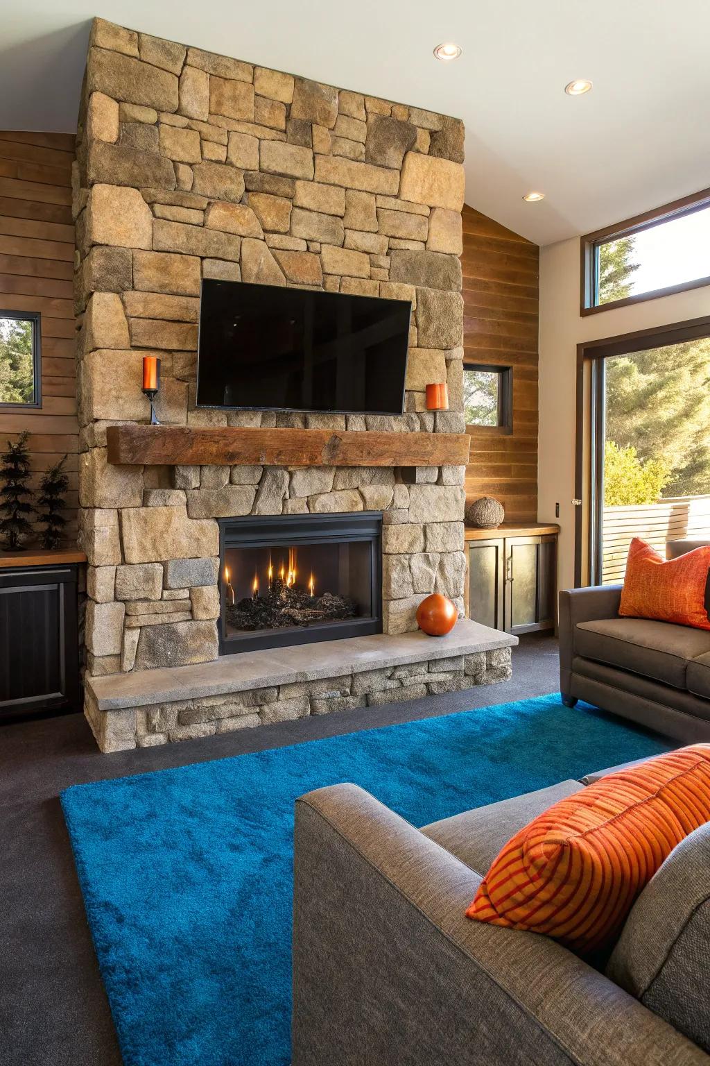 Bring the outdoors inside with an authentic stone fireplace TV feature that's both aged and chic.
