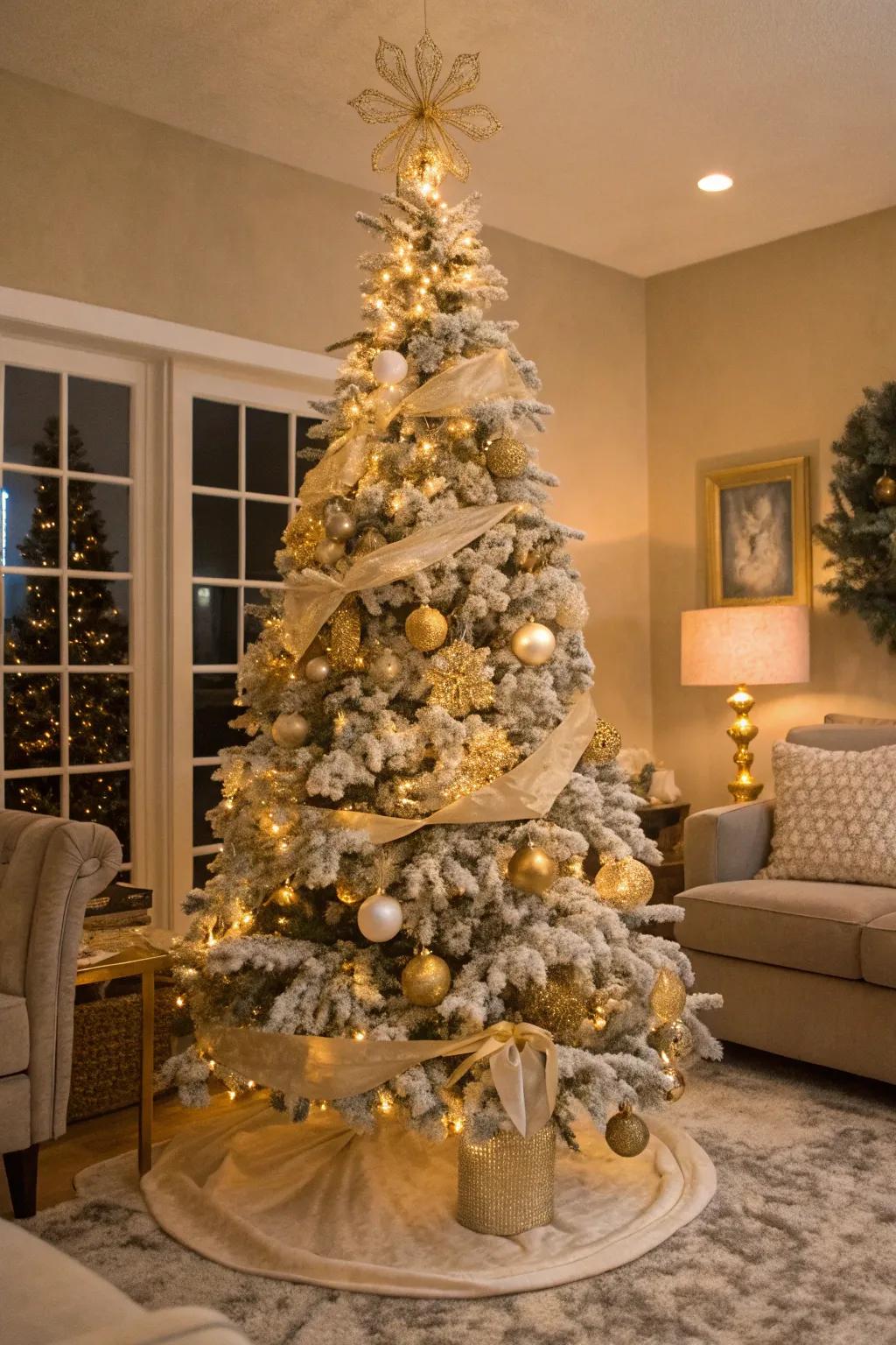 A warm and welcoming gold-themed flocked Christmas tree.
