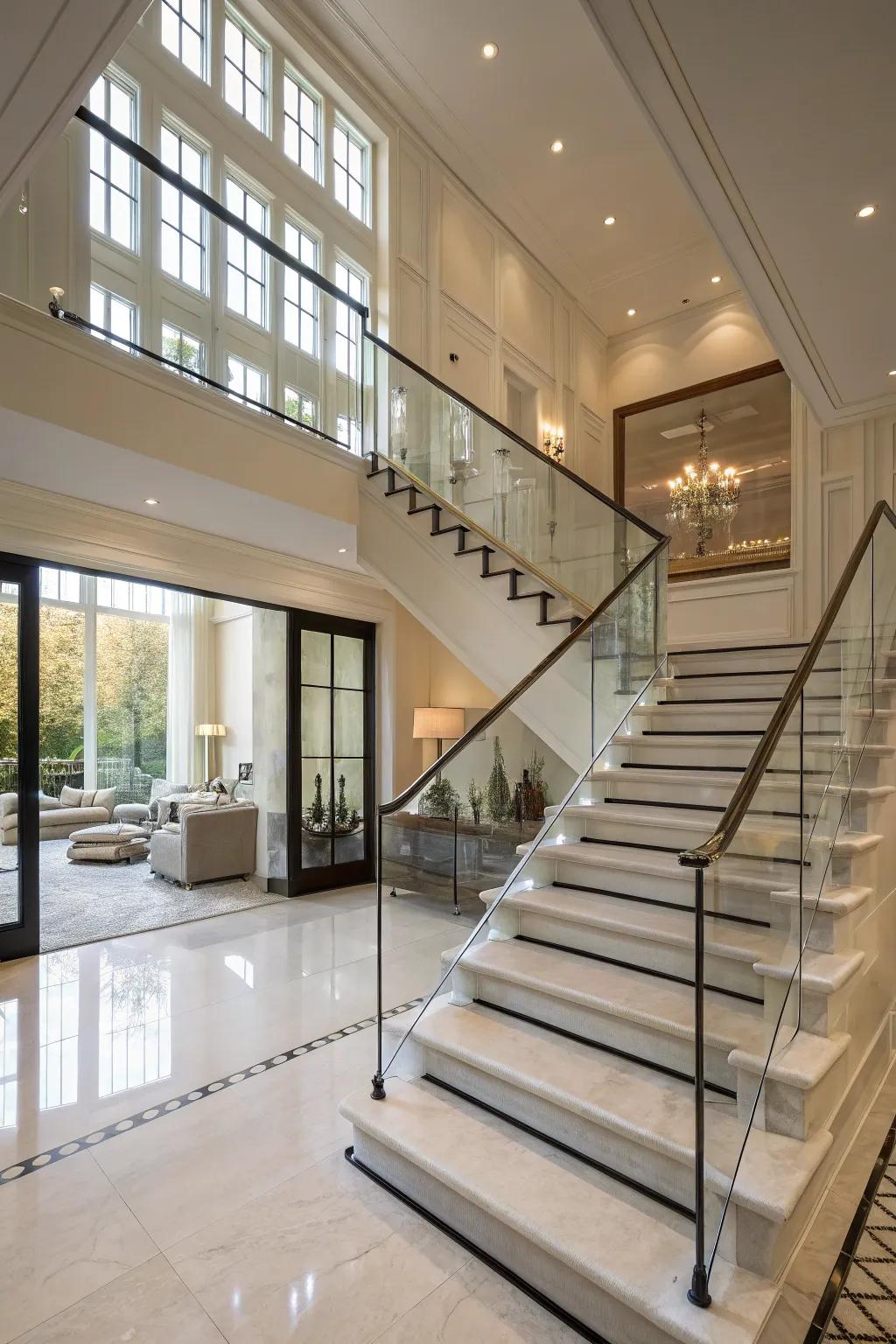 Glass railings offer a sleek and modern look for your staircase.