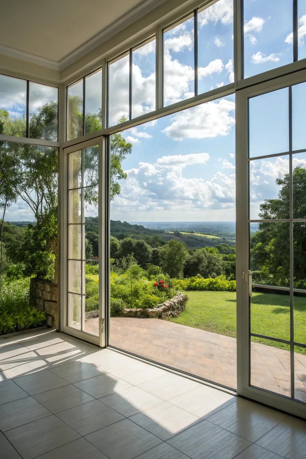 Framed exterior panoramas enhance the connection with nature.