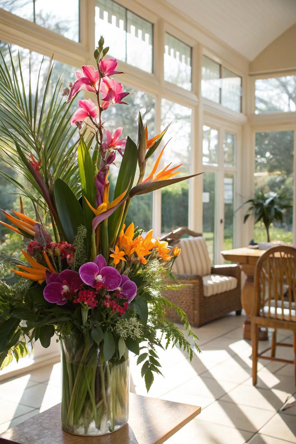 A tropical bouquet creates an exotic atmosphere in a sunroom.