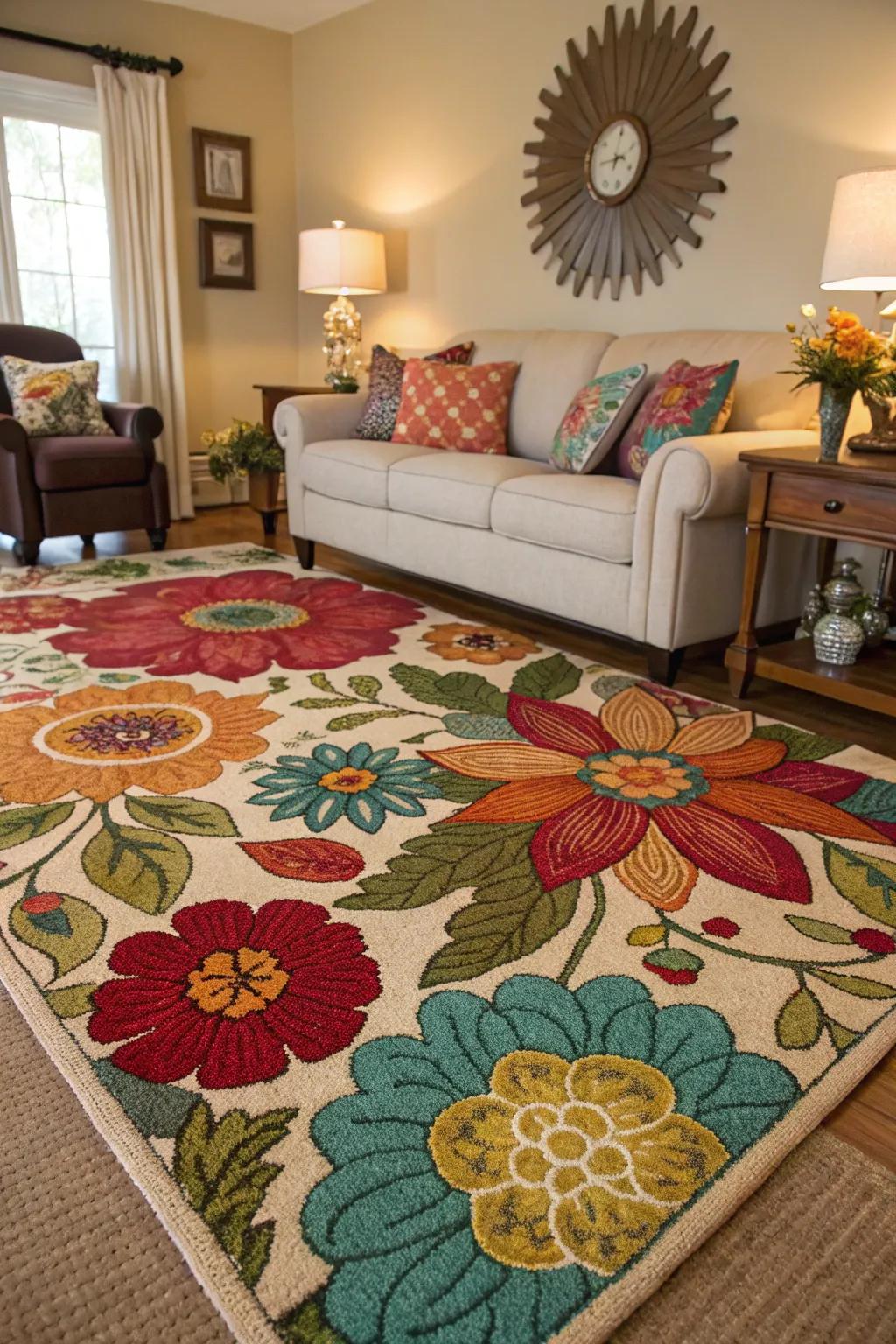 Ground your space with a floral rug.