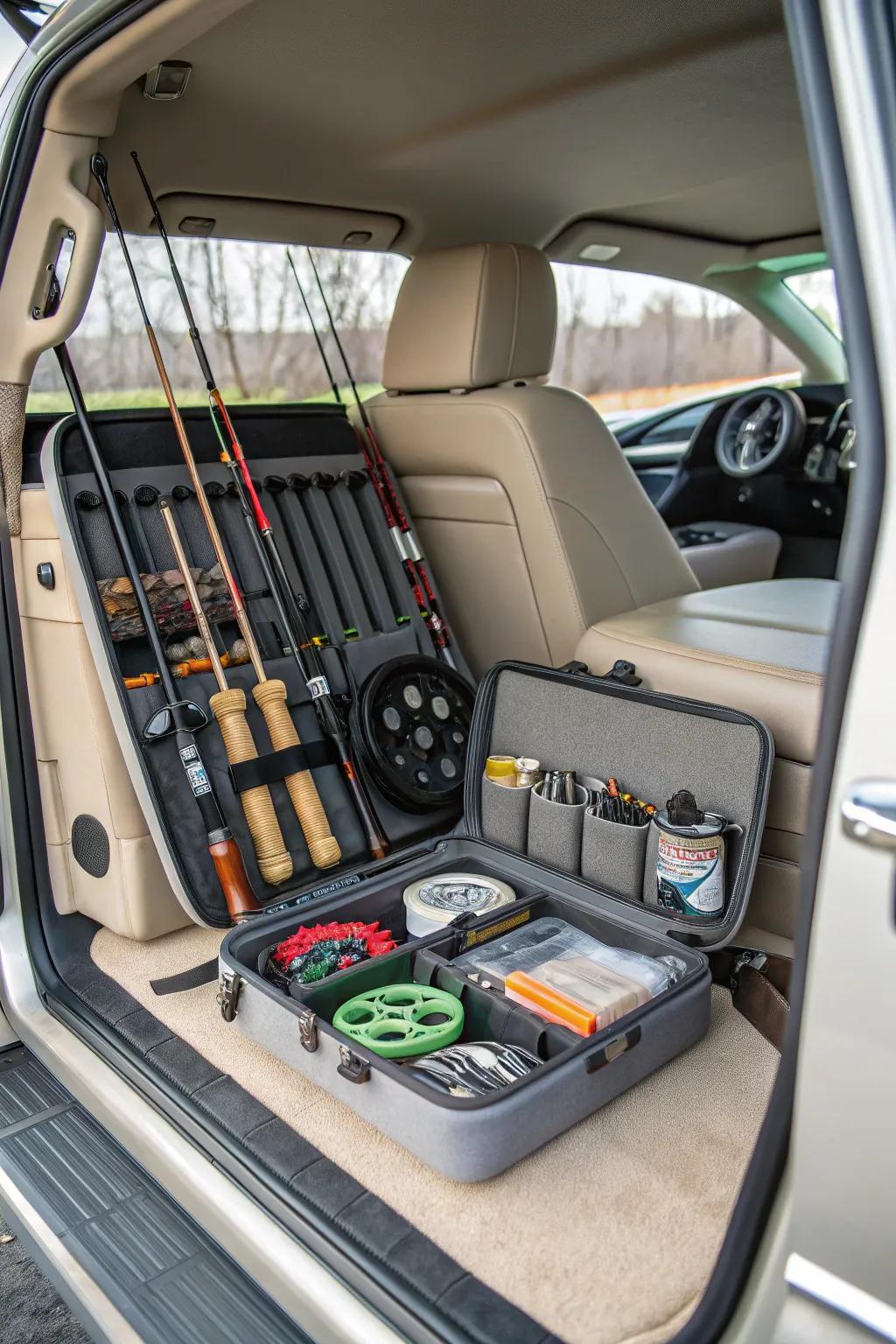 In-vehicle stowage for the traveling angler.