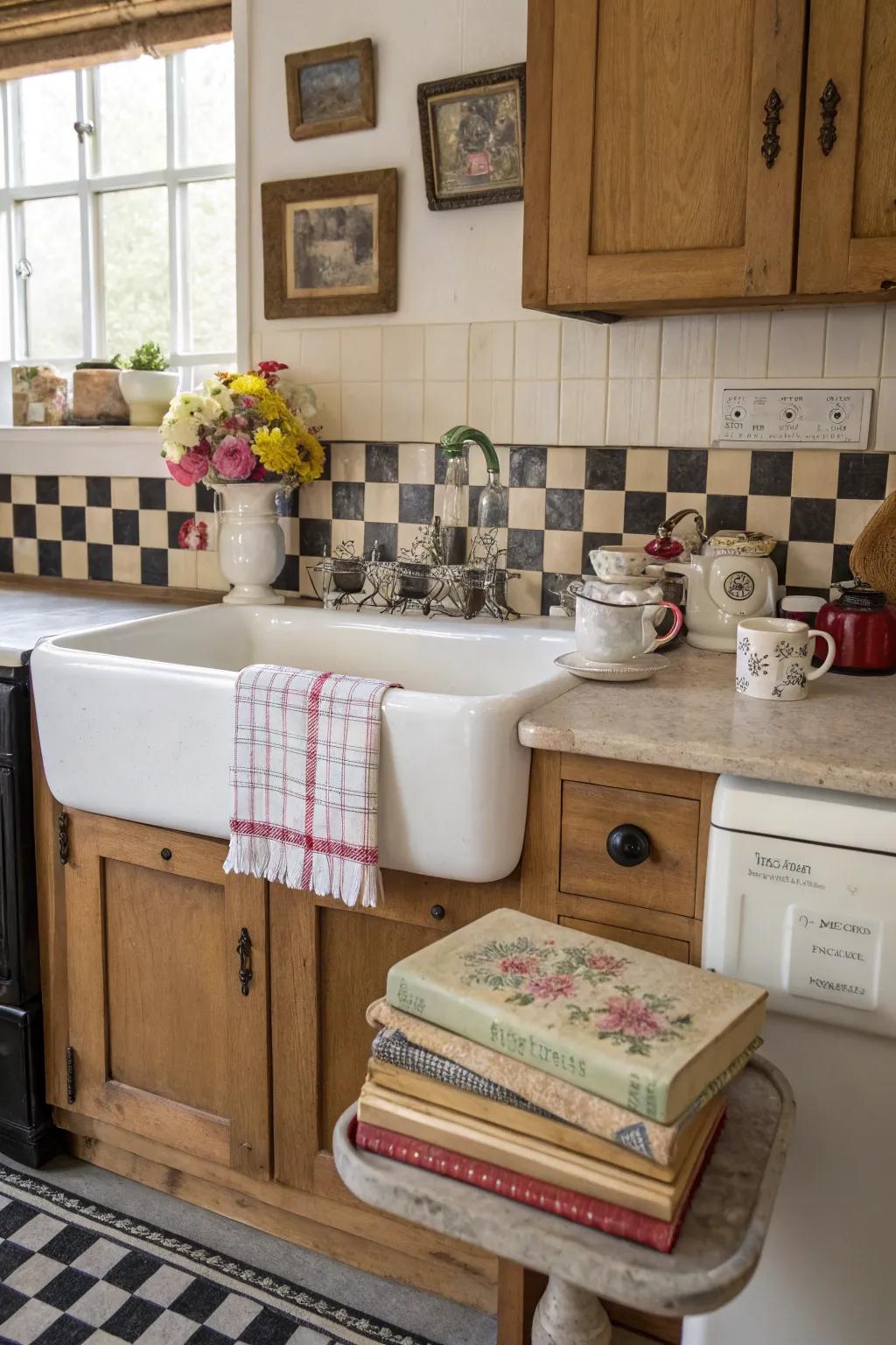 A vintage kitchen enhanced by a retro unattached sink.