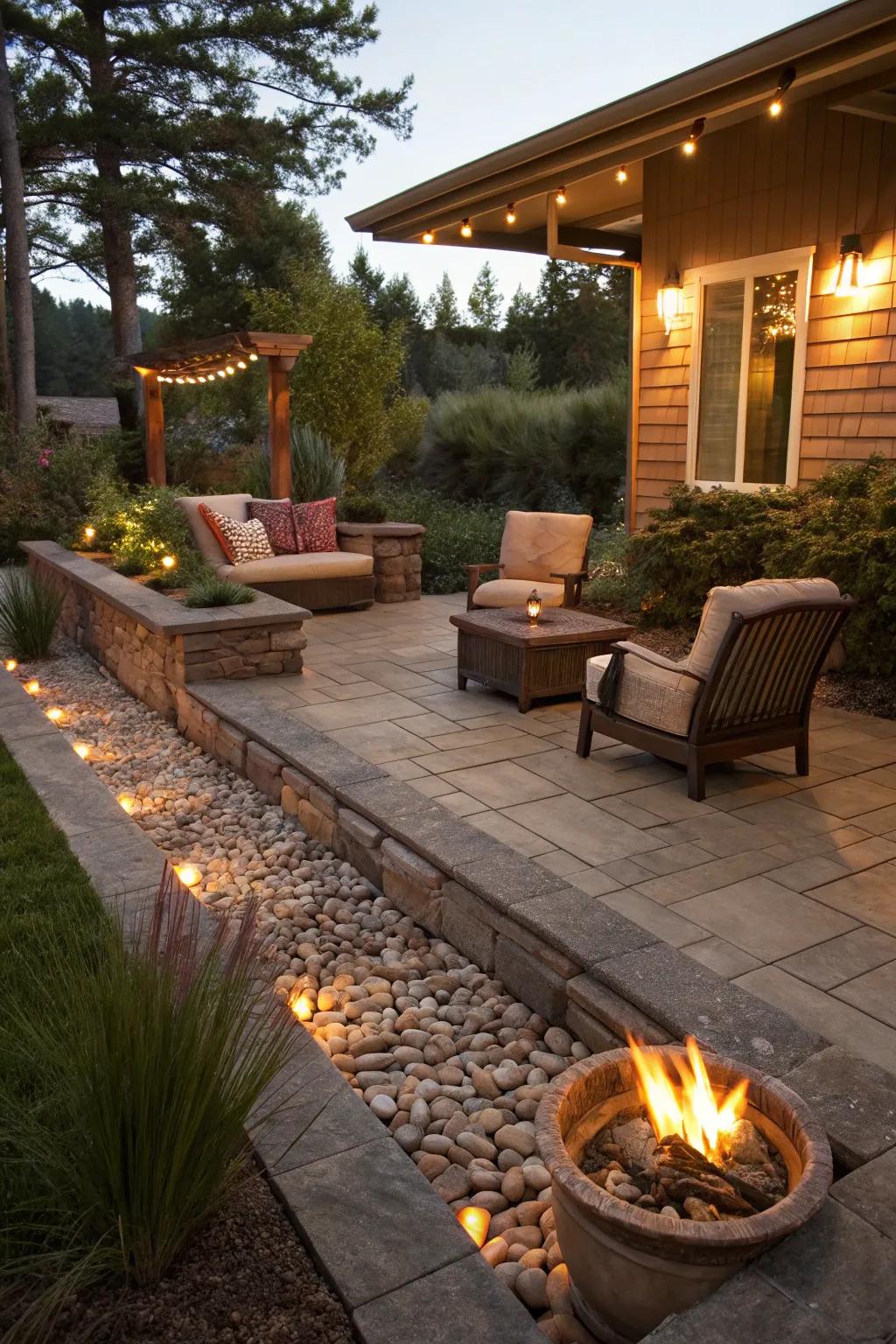 An inviting patio with a bonfire spot, making the most of a drainage area.