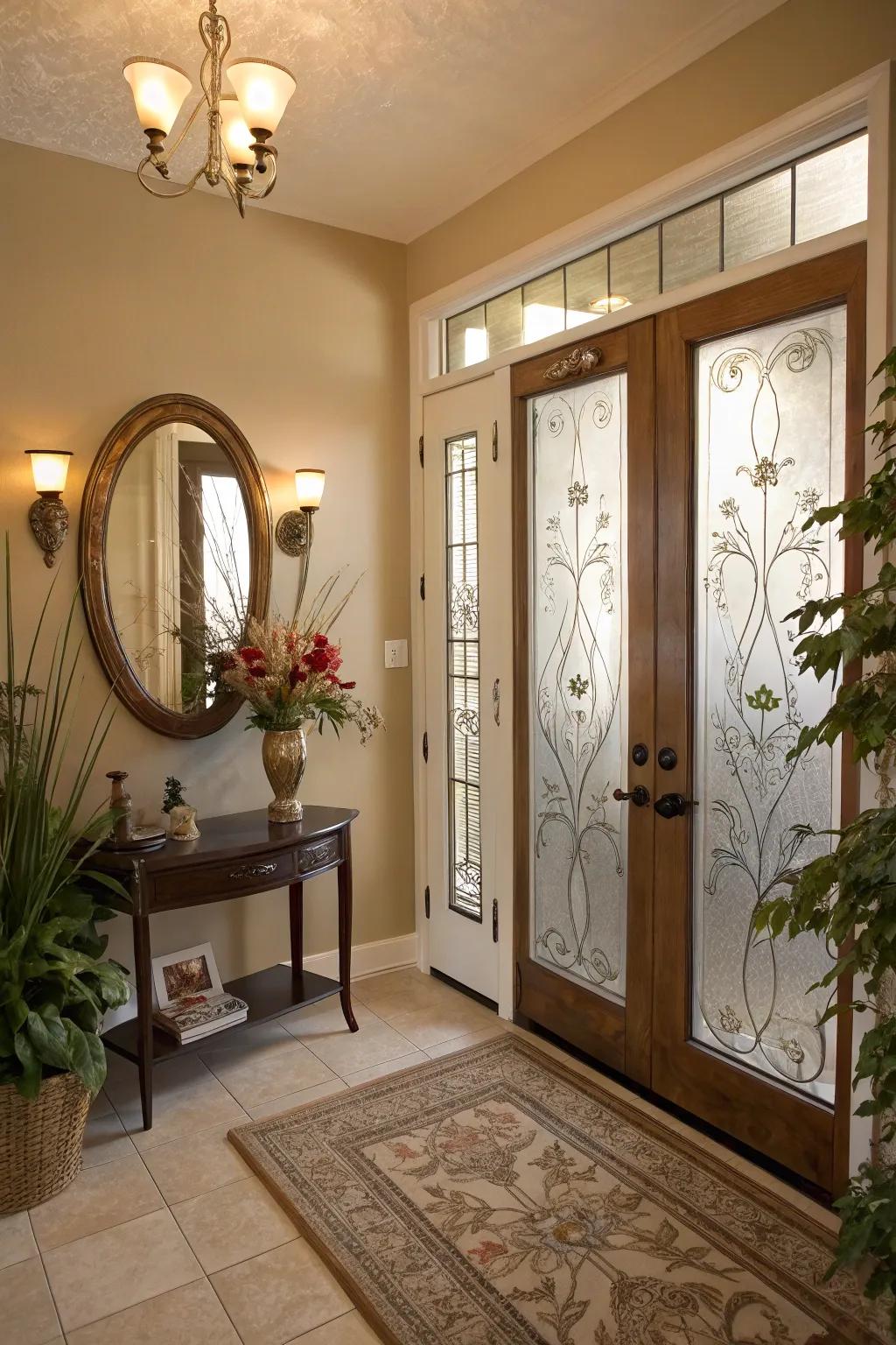 A beautifully styled entryway with integrated privacy elements.
