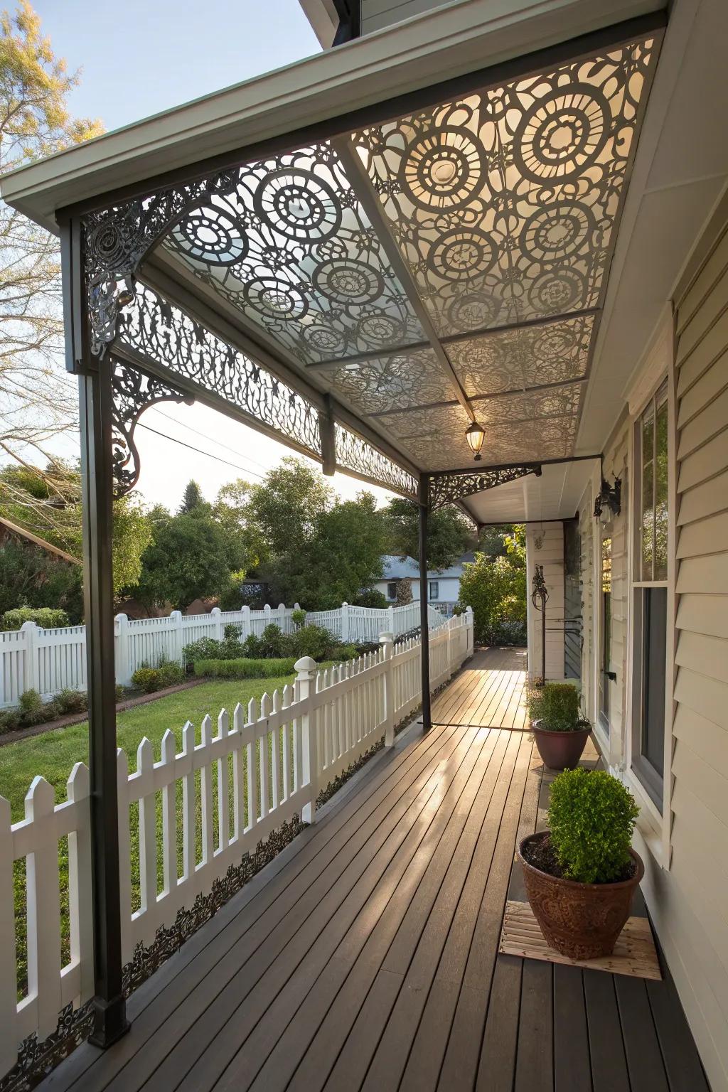 Artistic metalwork awnings turn your porch into a masterpiece.