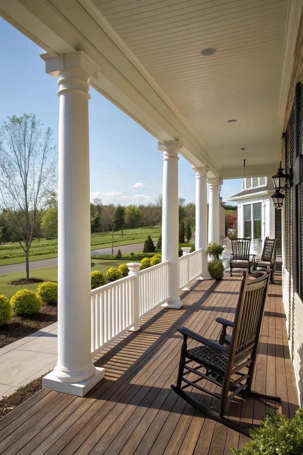A seamless porch design is achieved when integrating columns with edge barriers.