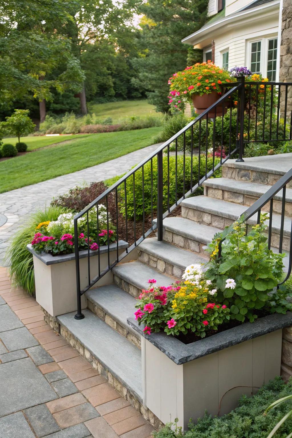Plant holders on railings add color and vibrancy to your entrance.