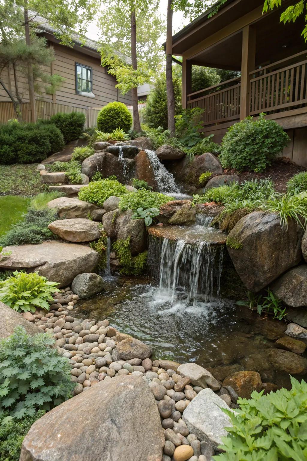 A small cascade integrated into a front yard rock garden.