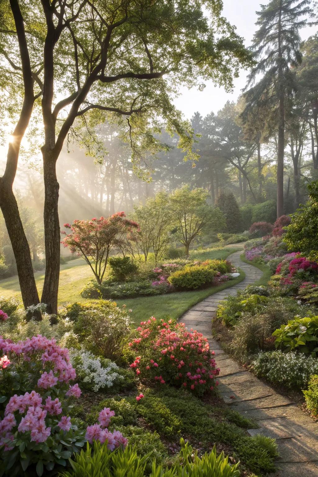 Dappled light creates a lively interplay of shadow and brightness.