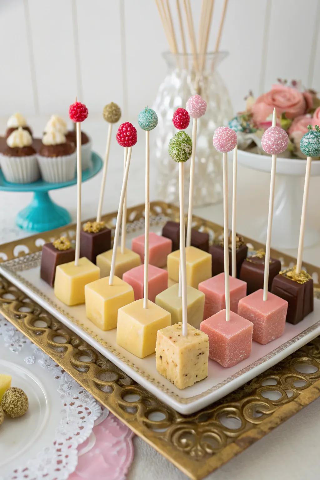 Sweet square pops elegantly displayed for easy enjoyment.