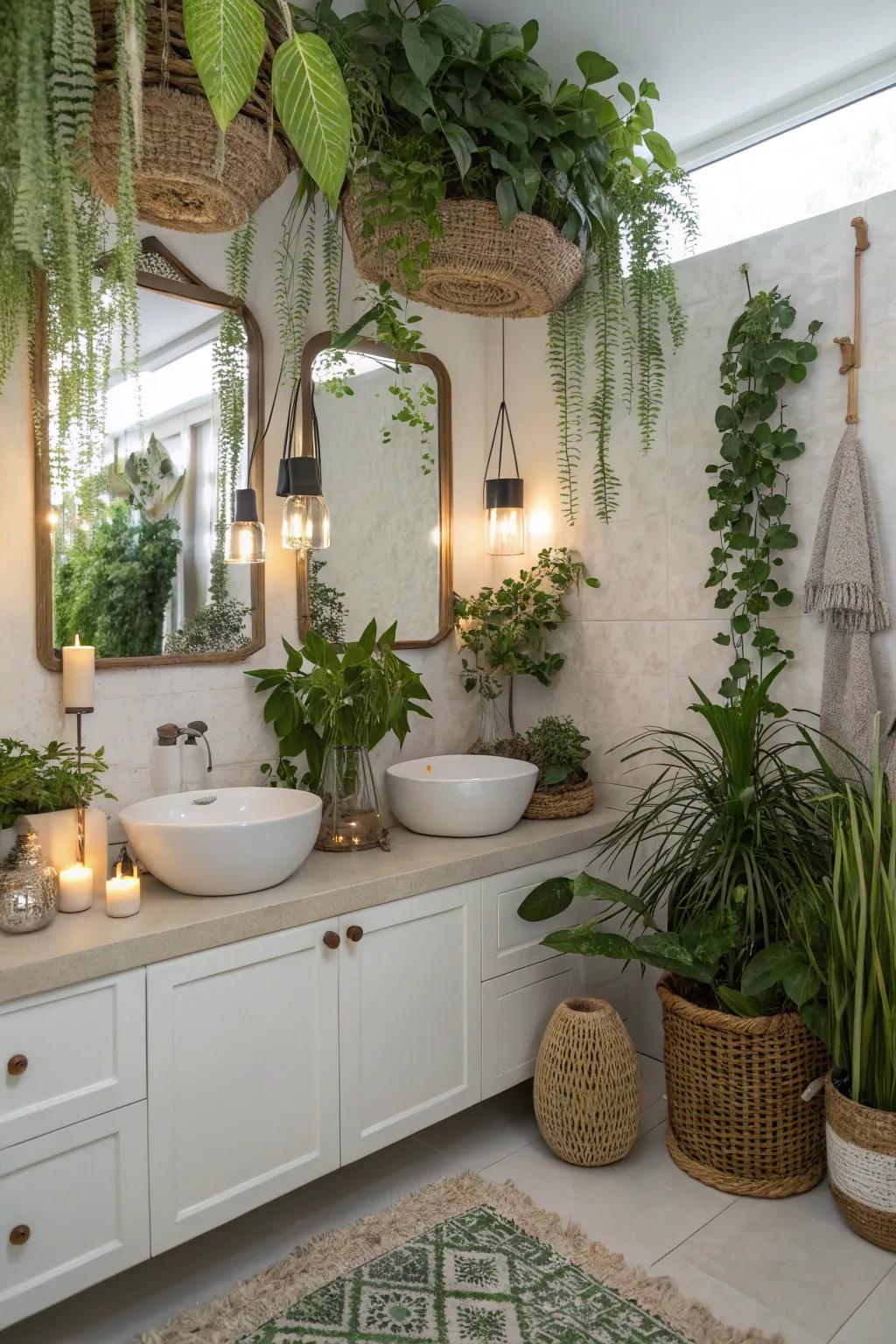 Plant life adds a refreshing touch to this stylish bathroom.
