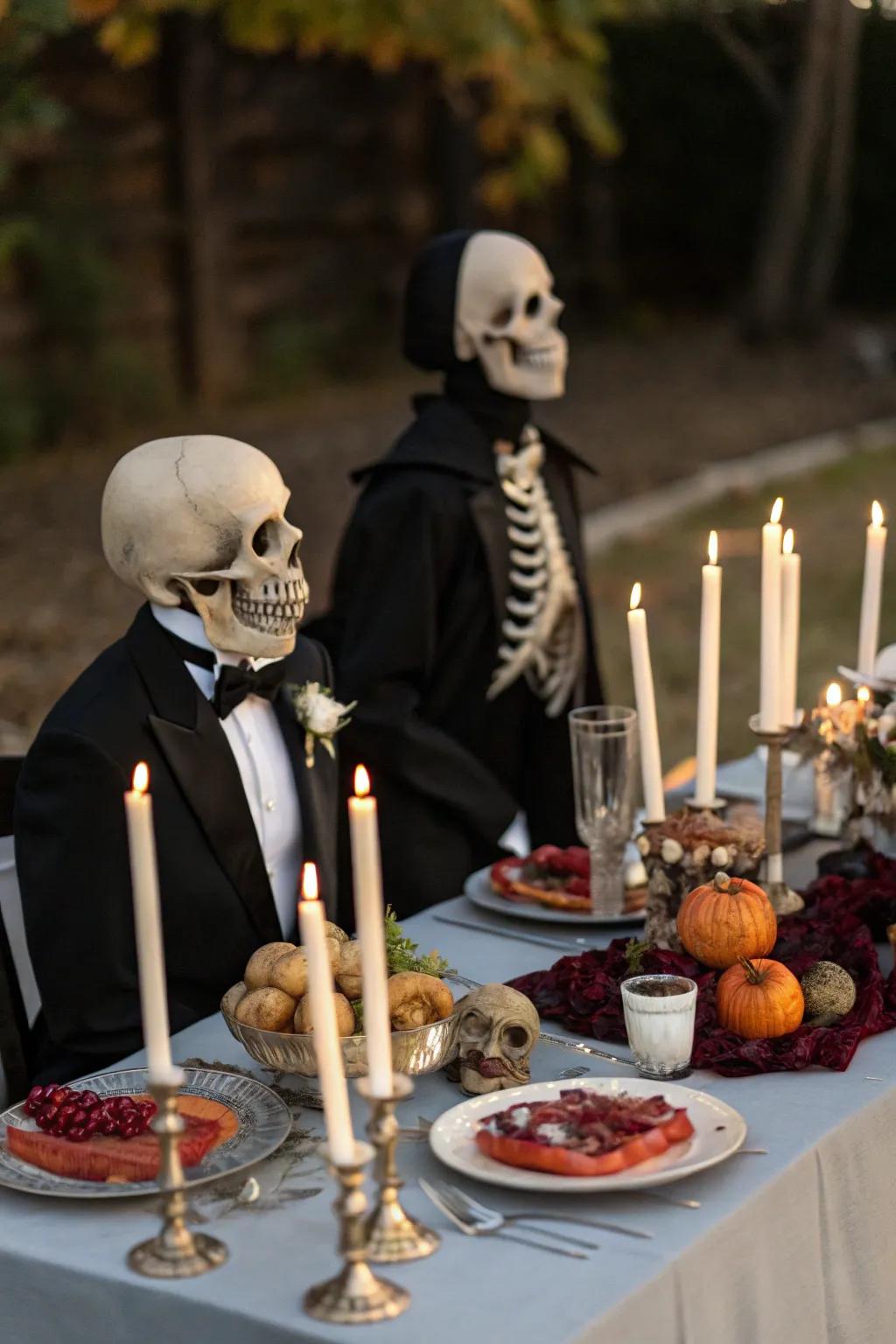 An elegant skeleton dinner party setup.