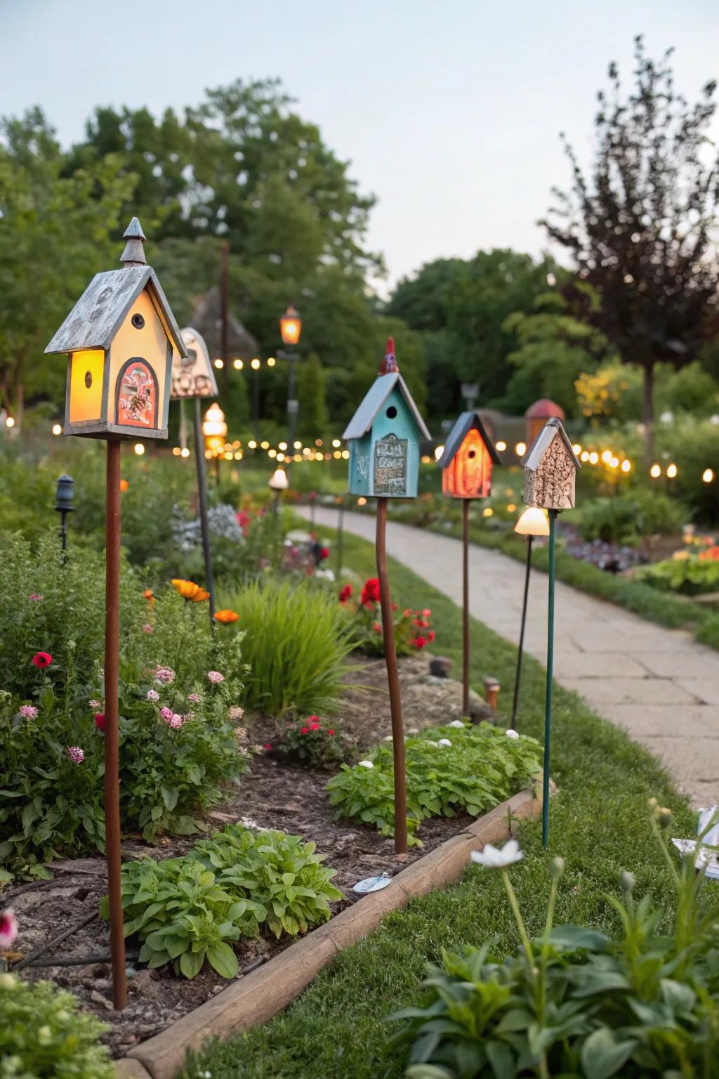 Tiny house decorations turning the garden into a whimsical village.