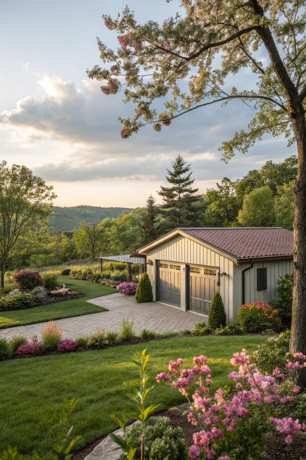 A garage beautifully connected with its surroundings through lush landscaping.