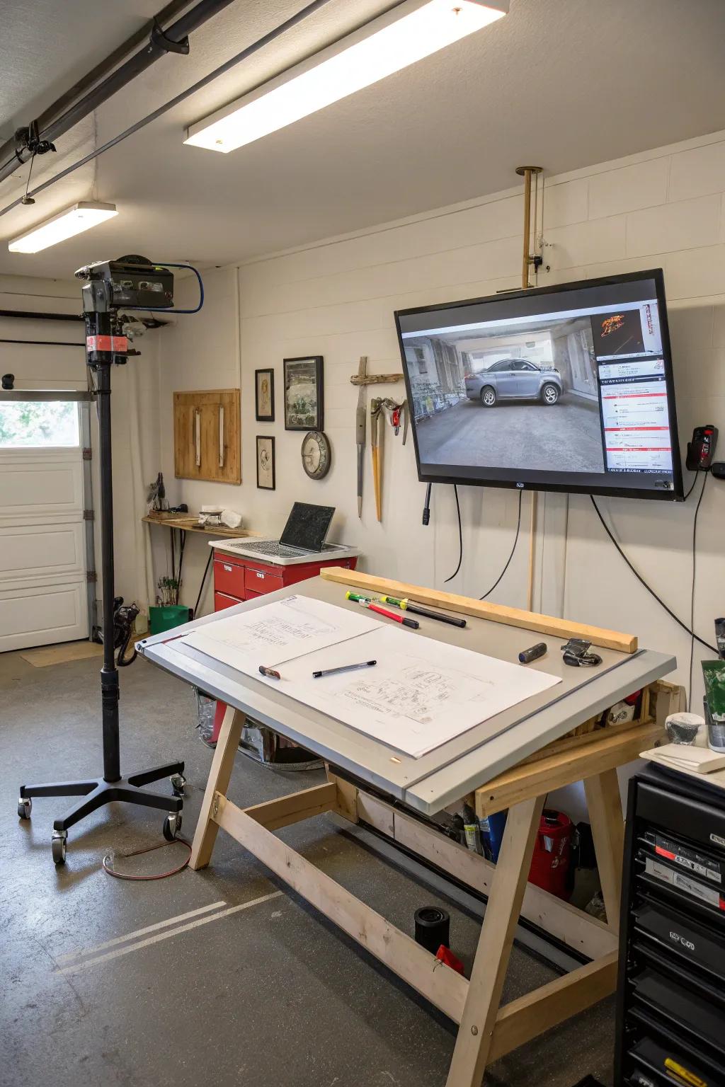 Inspire your creativity with a drafting station and TV setup in your garage.