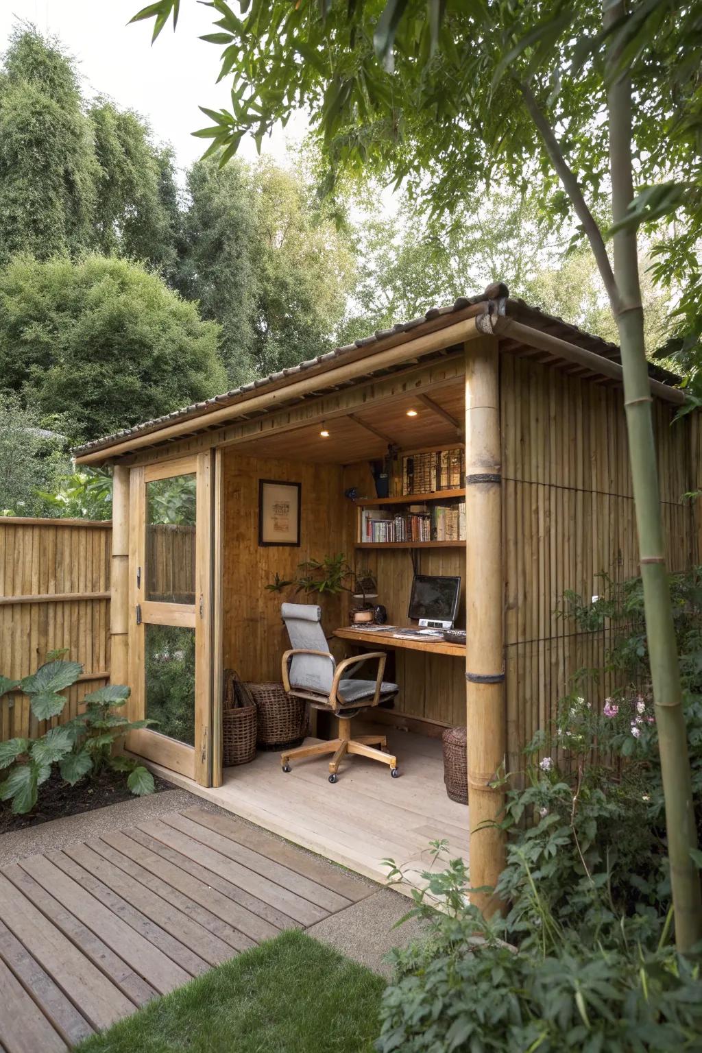 An environmentally-conscious garden office using sustainable materials for a greener workspace.