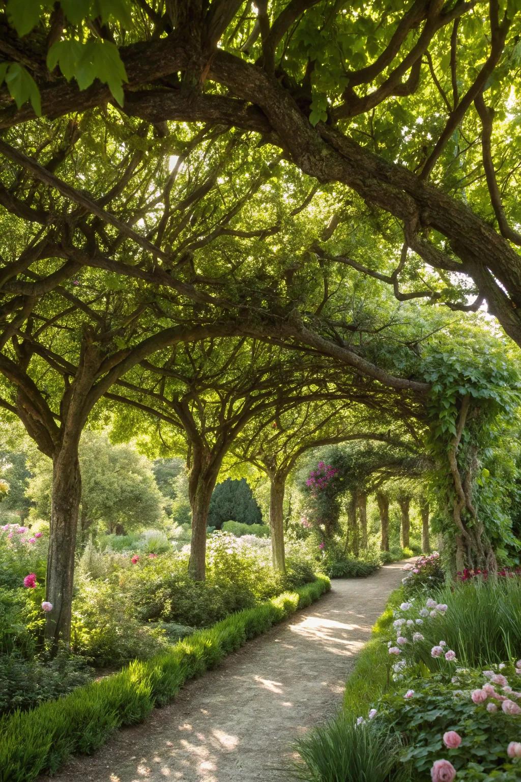 A garden haven with tree canopies creating a natural roof.