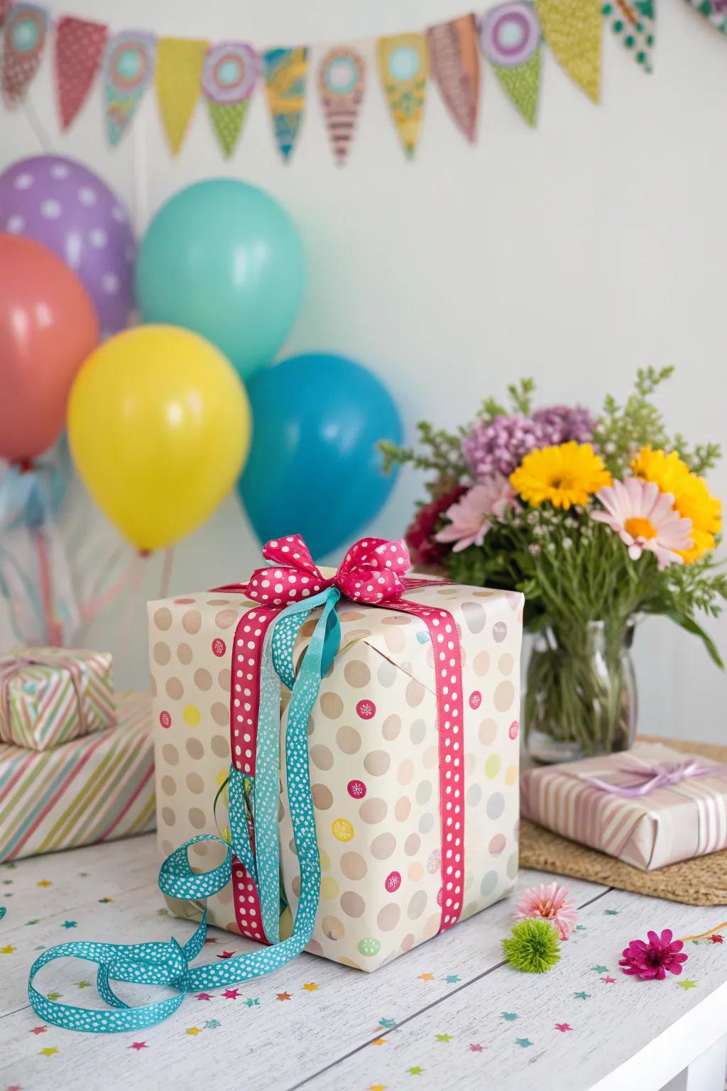 Gift with patterned ribbons