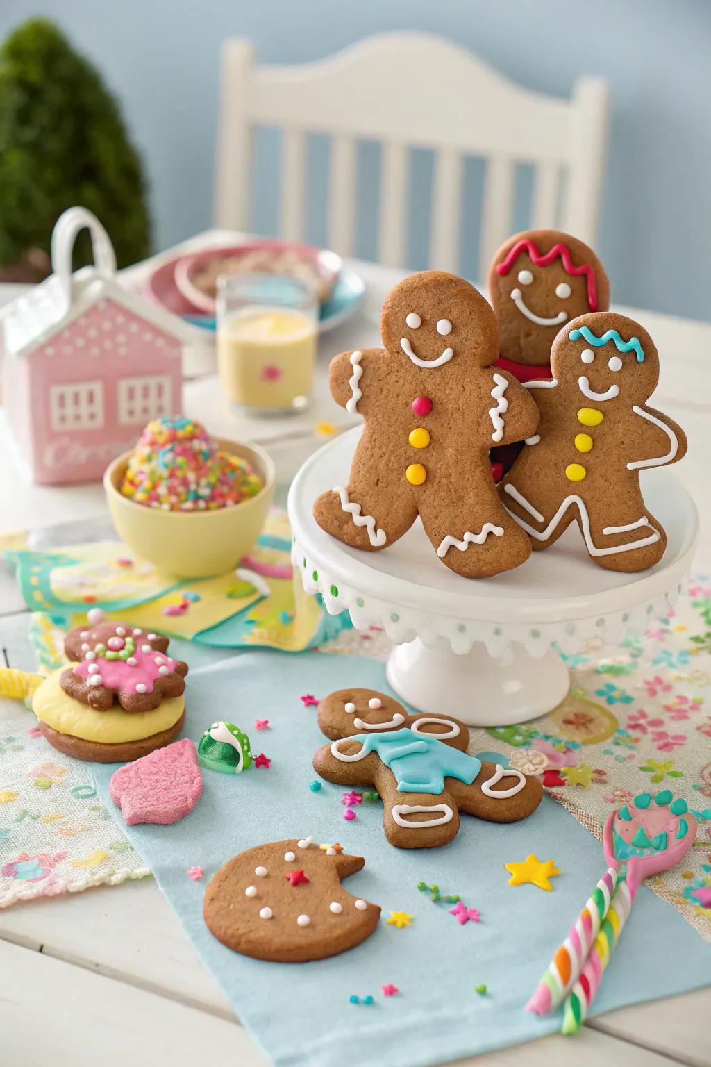 Playful gingerbread characters in enjoyable poses for a whimsical sensation.