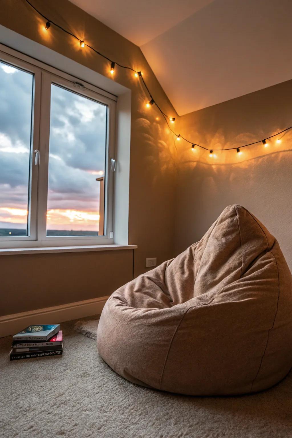 Bean bags offer a comfortable and playful seating option.