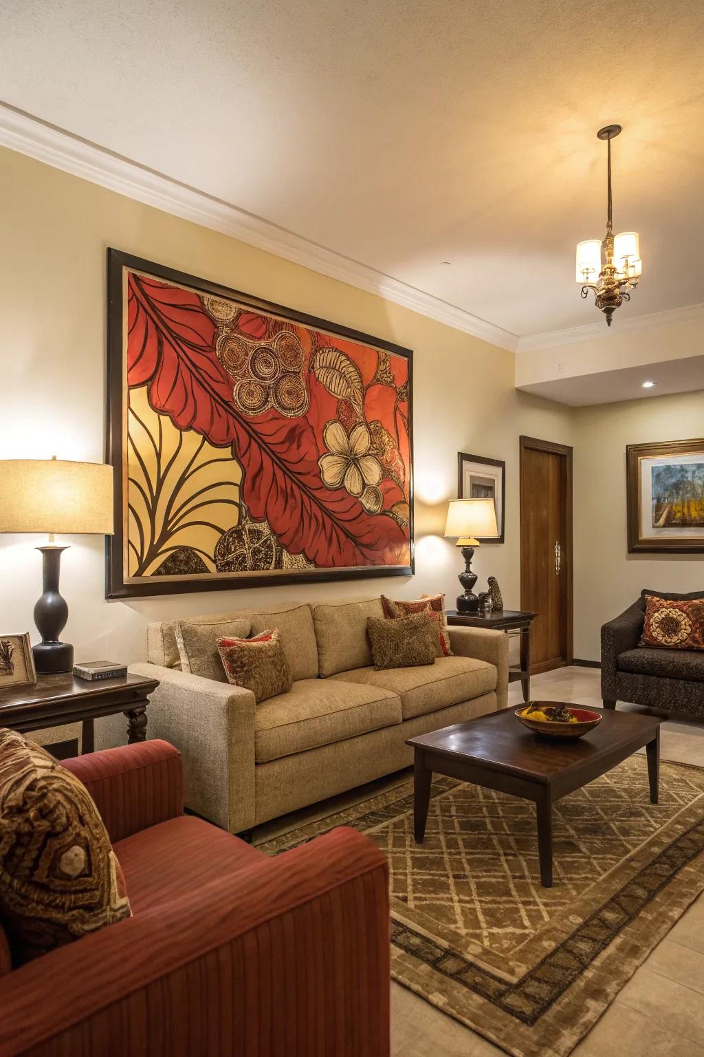 Striking artwork serves as a captivating focal point in a glam living space.