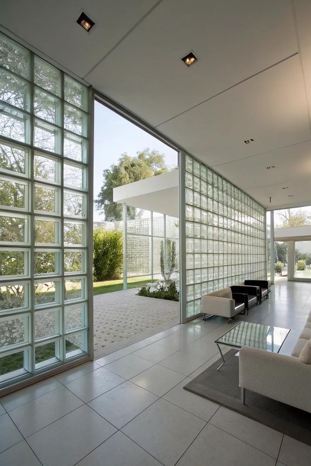 A modern interior features sleek glass block walls, mixing perfectly with contemporary styles.