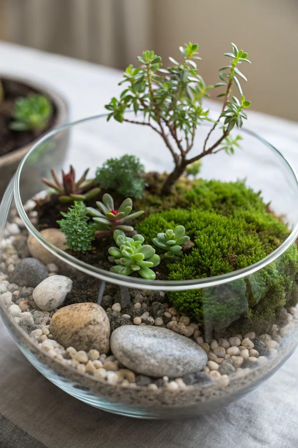 A captivating miniature garden nestled inside a glass bowl.
