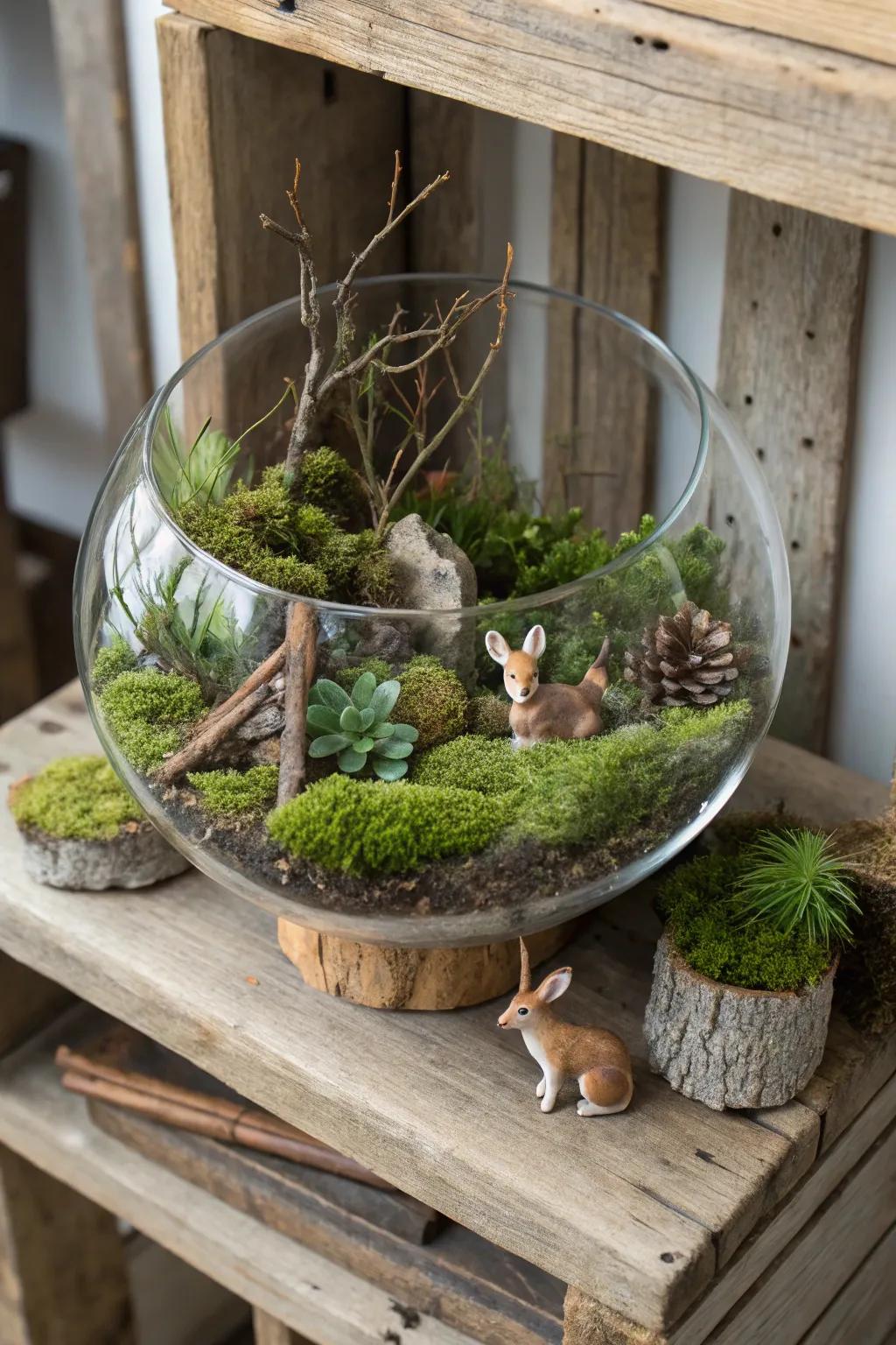 A touch of woodland mystique resulting from intertwining natural aspects inside a crystal vessel.