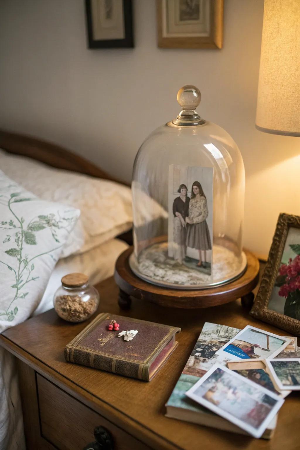 A family picture and antiques create a personal display under a glass cloche.