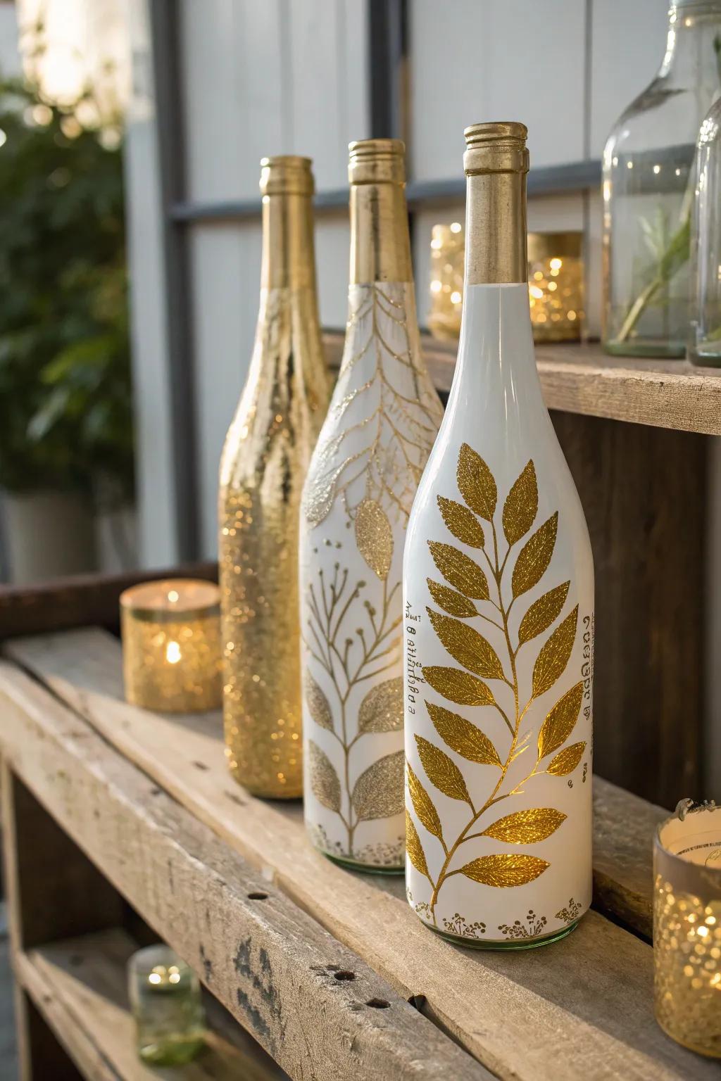 Recycle glass bottles into decorative treasures using gold leaf.