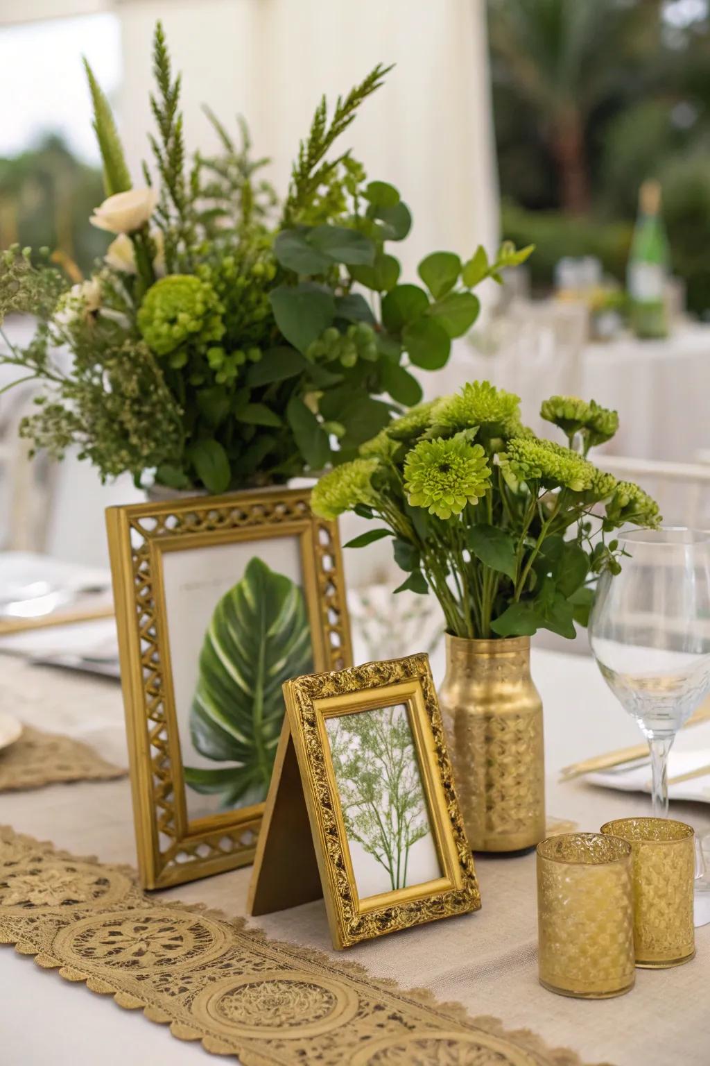 A harmonious combination of gilded accents and greenery.