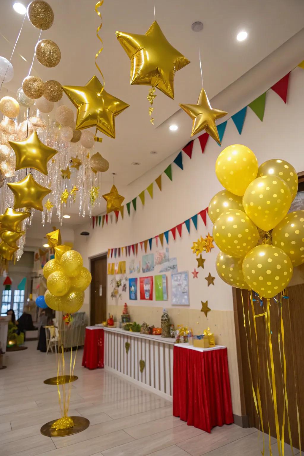 Whimsical gold star decorations for a magical atmosphere.