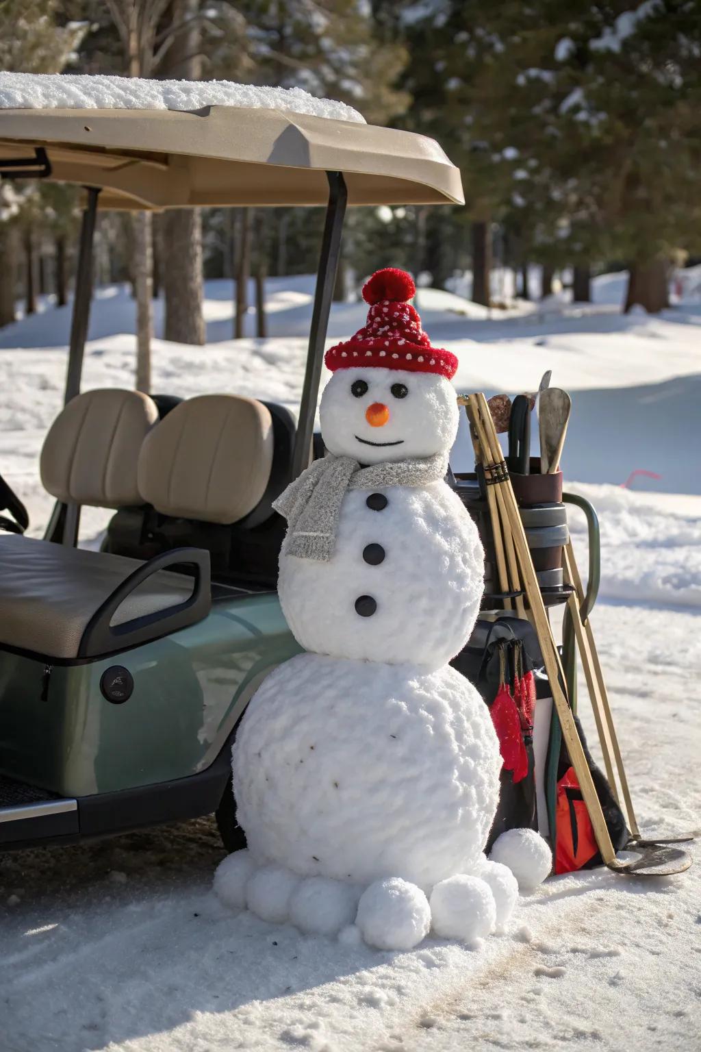 A snowman bringing winter joy to this golf cart.